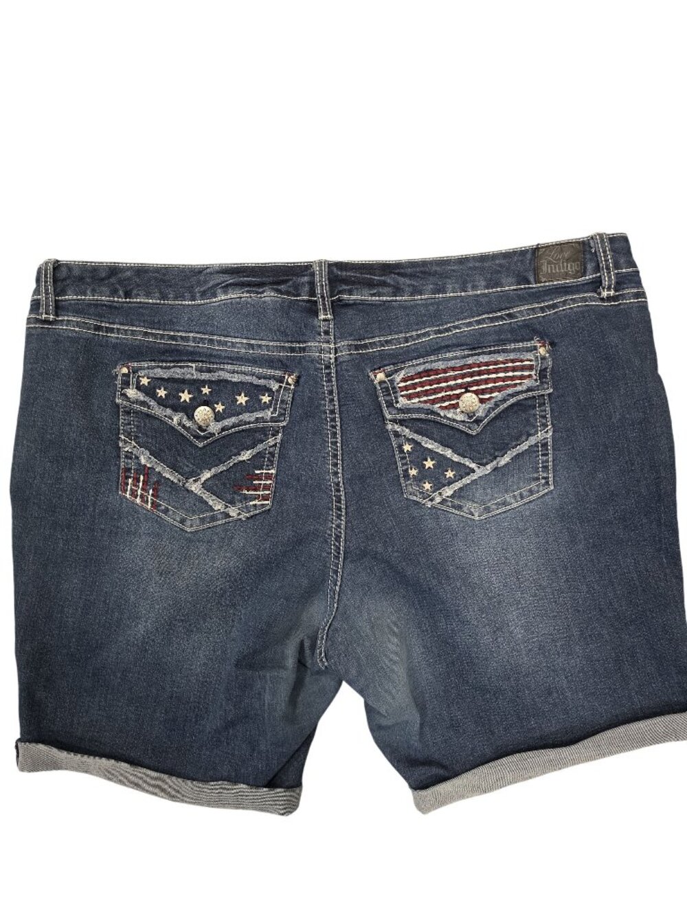 Love Indigo Womens Denim Cuffed Shorts American Flag Pocket Detail 24